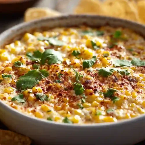 creamy mexican street corn dip with cheese chili powder and fresh cilantro