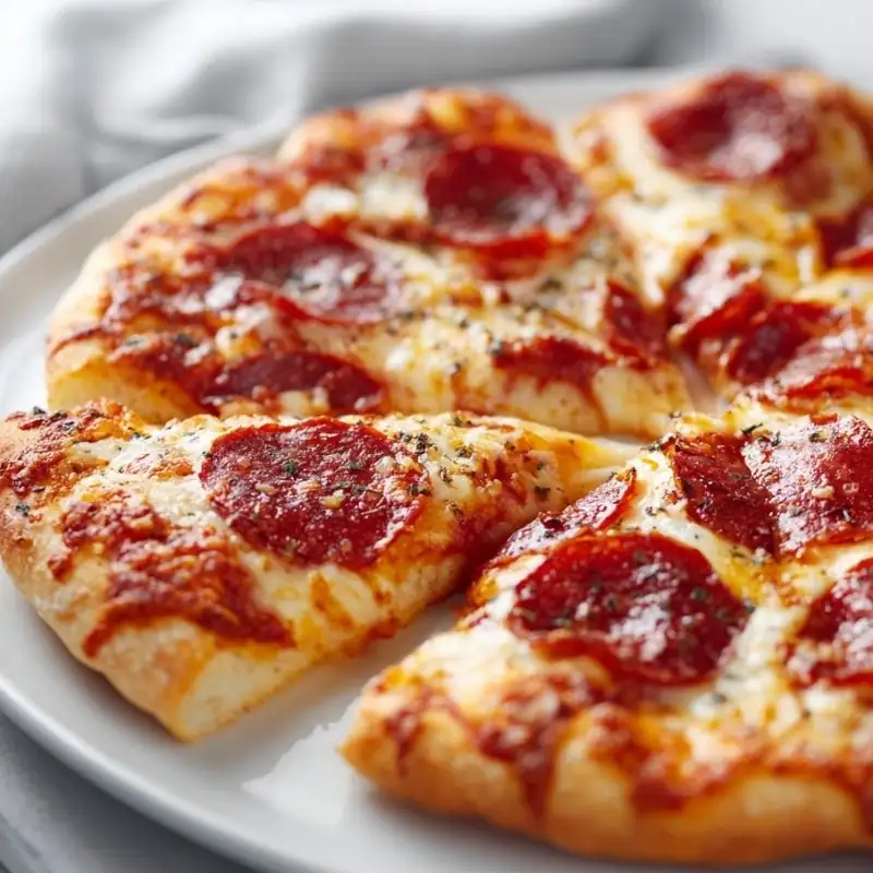 thick crust pepperoni pan pizza with melted cheese and crispy edges on white plate