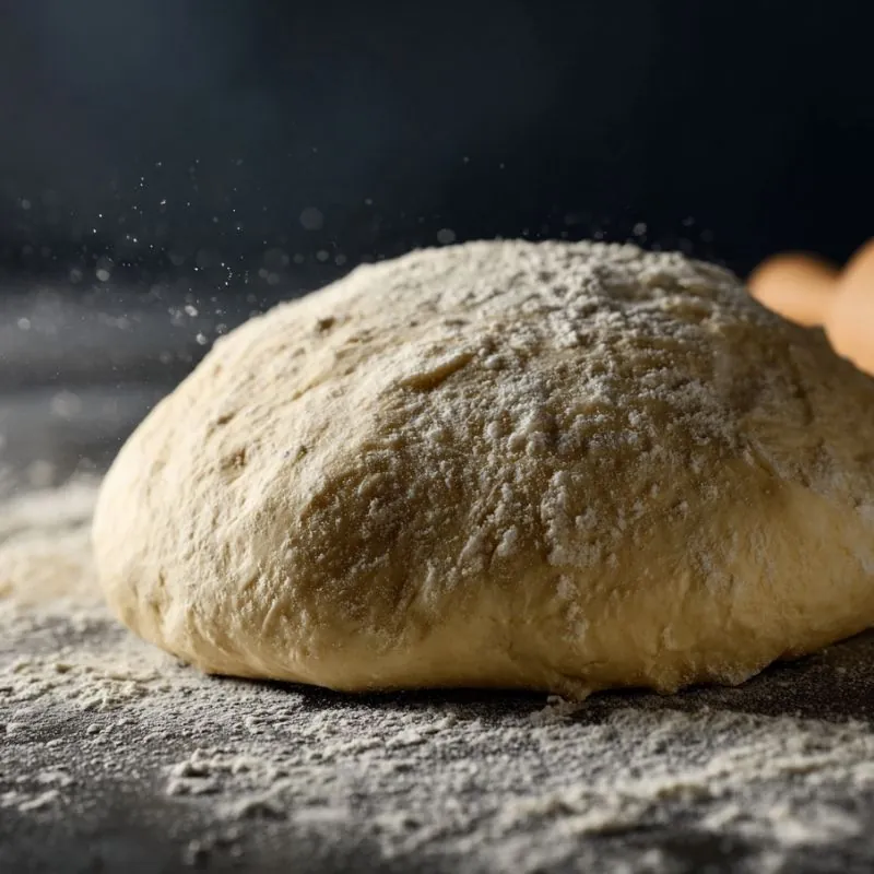 Perfect Homemade Pizza Dough Ready for Baking Fresh pizza dough ball dusted with flour on a dark surface with soft lighting