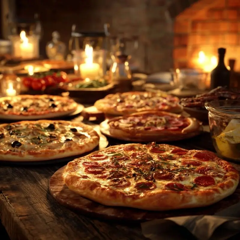 wood-fired pizzas on rustic table with candlelight and fresh toppings in cozy evening setting