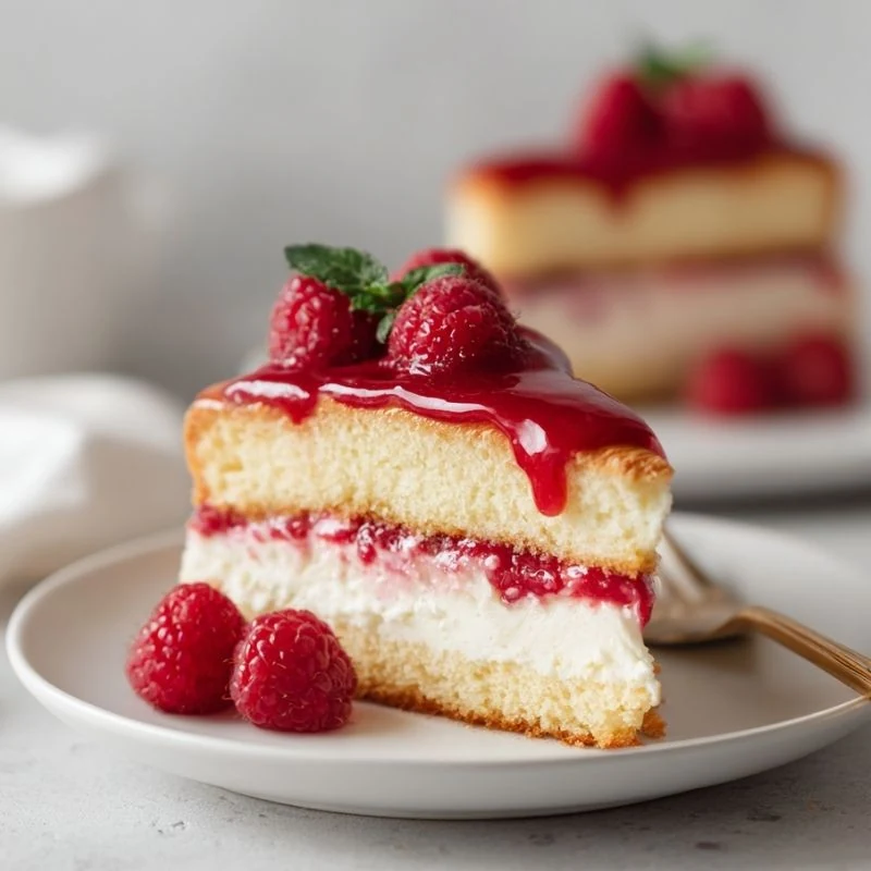 Raspberry Mascarpone Cake Slice with Fresh Berries slice of raspberry mascarpone cake with fresh raspberries and berry glaze