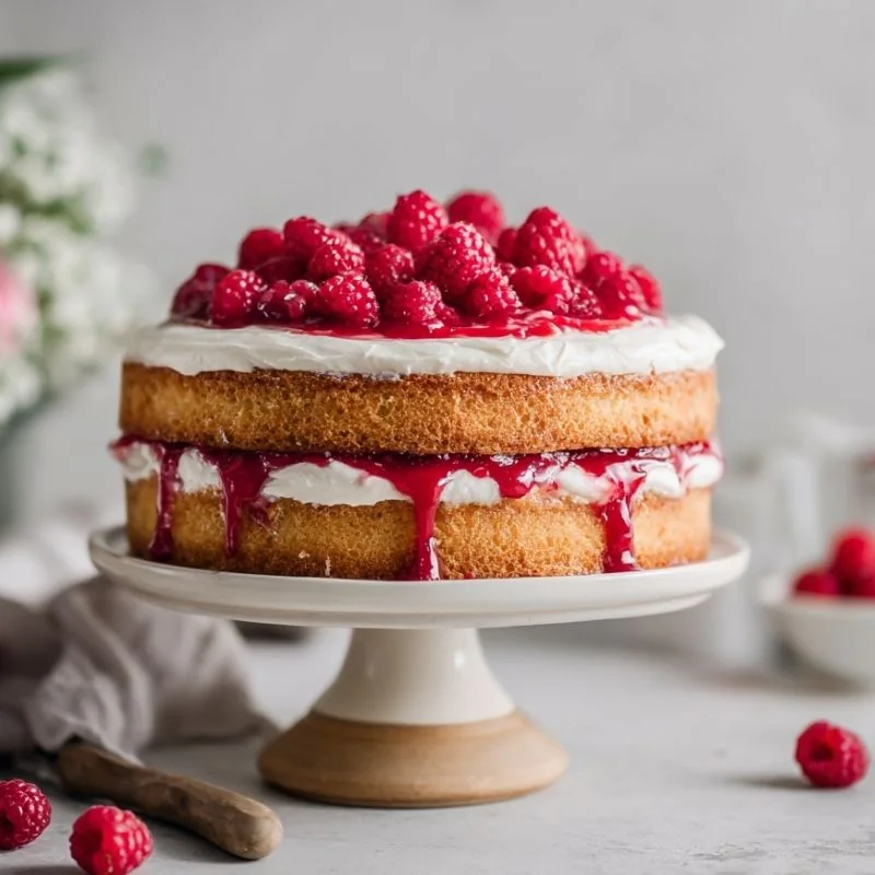 Raspberry Mascarpone Cake with Fresh Berry Topping raspberry mascarpone cake topped with fresh raspberries and dripping berry glaze