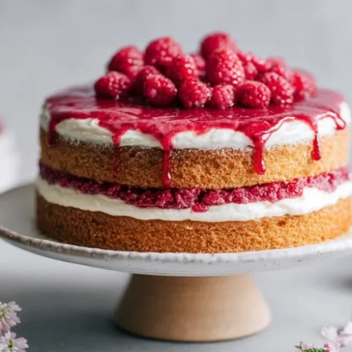 raspberry mascarpone cake with fresh raspberries and dripping berry glaze