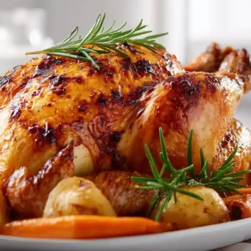 Golden roasted whole chicken with rosemary, baby potatoes, and carrots on a white serving plate