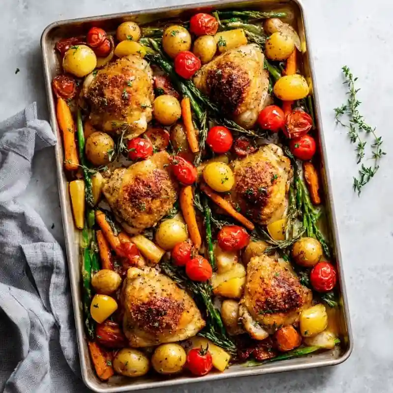roasted chicken thighs with potatoes carrots asparagus and cherry tomatoes on sheet pan