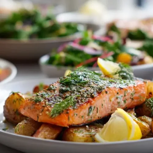 salmon dinner with roasted potatoes lemon and herbs on plate