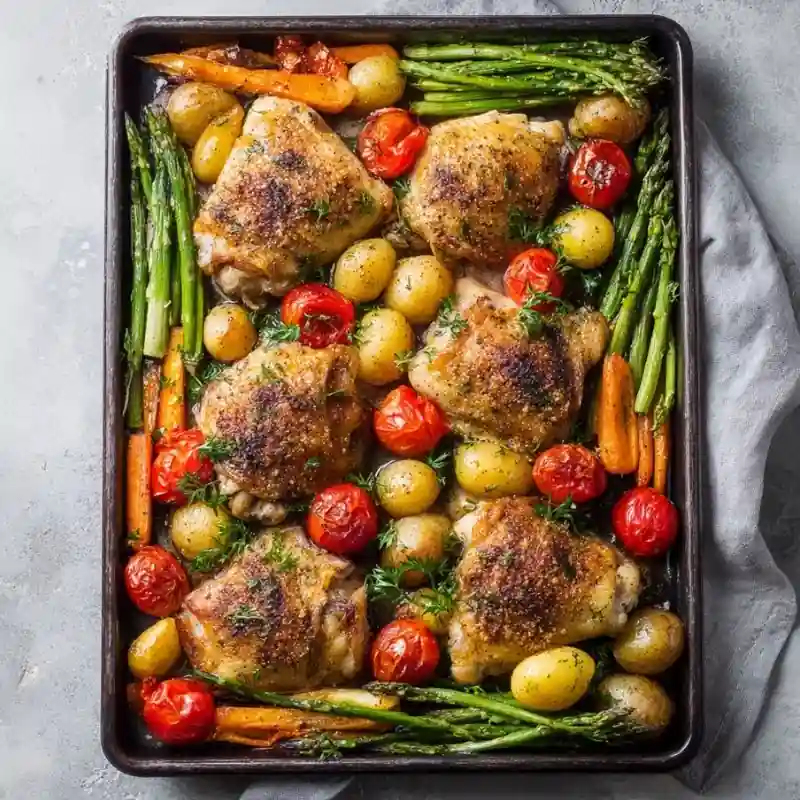 sheet pan chicken thighs with potatoes asparagus carrots and cherry tomatoes roasted