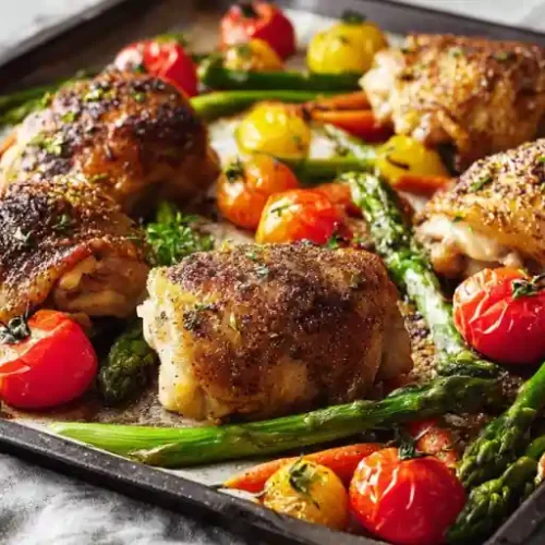 sheet pan chicken thighs with asparagus cherry tomatoes and carrots roasted in oven