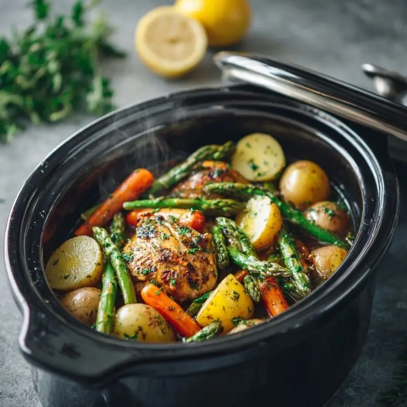 slow cooker chicken with potatoes carrots asparagus and herbs in a crockpot