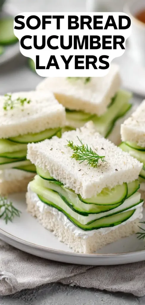 soft bread cucumber sandwich layers with creamy spread and fresh dill garnish