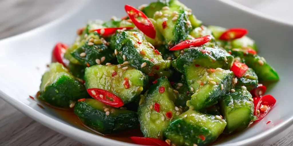 spicy cucumber salad with chili peppers sesame seeds and tangy dressing in white dish