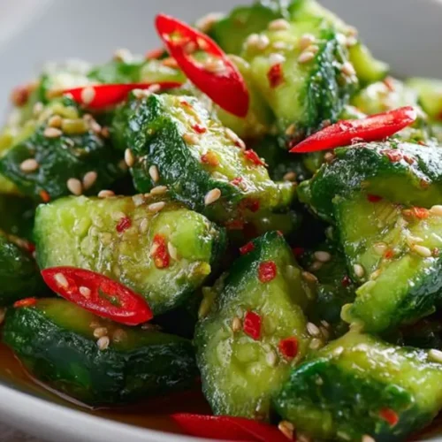 spicy cucumber salad with chili peppers sesame seeds and tangy dressing in white dish