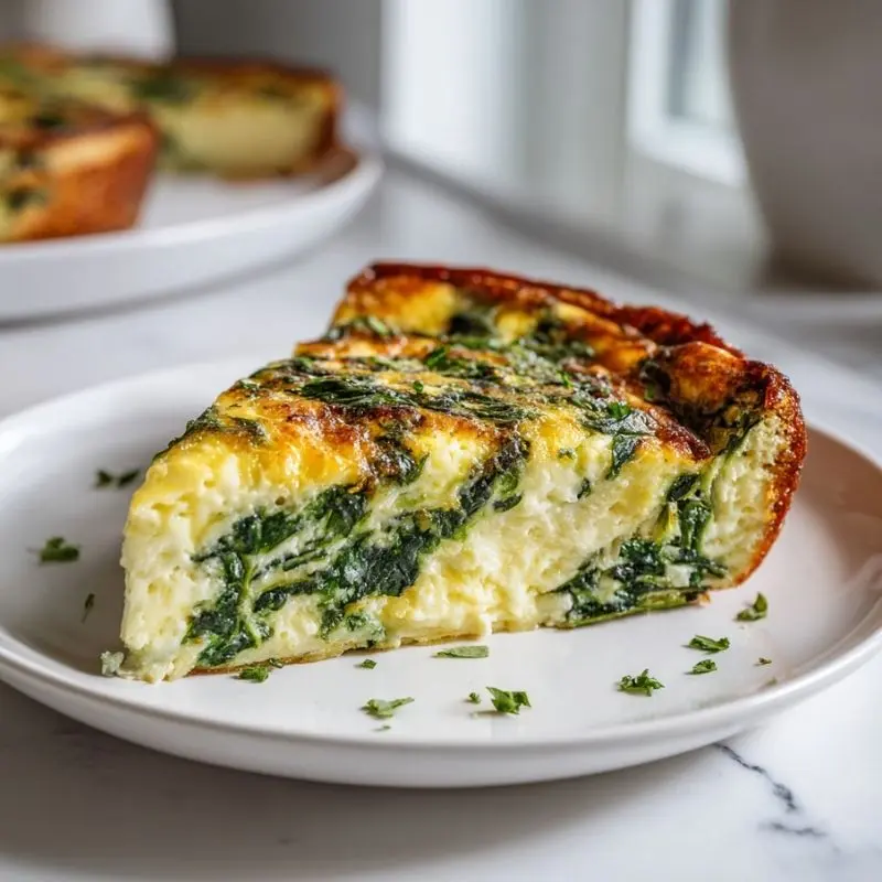 spinach cheese frittata slice with fluffy eggs and golden crust on plate