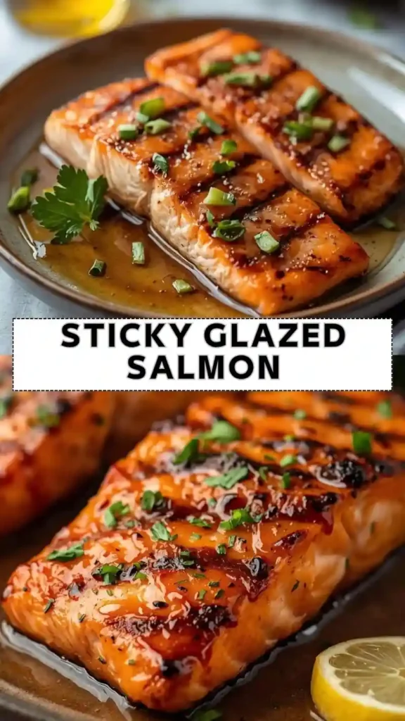 Sticky Glazed Salmon – Sweet, Savory & Perfectly Caramelized sticky glazed salmon fillets with caramelized sauce and herbs served on plate with lemon slice and text overlay