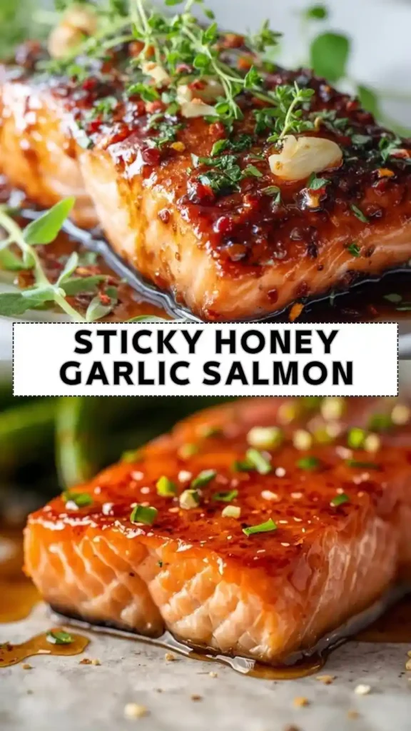 Sticky Honey Garlic Salmon – Sweet & Savory Perfection sticky honey garlic salmon fillet glazed with sauce and topped with herbs