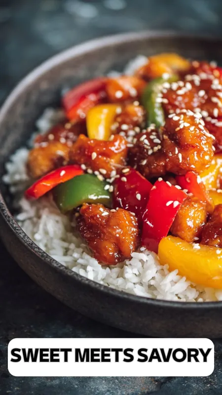 sweet savory chicken with bell peppers and sesame seeds served over rice in a bowl with text overlay