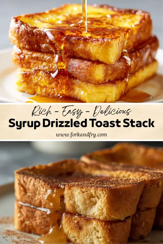 Syrup Drizzled Toast Stack – Rich, Fluffy & Irresistible stack of golden french toast slices with syrup dripping over soft fluffy layers