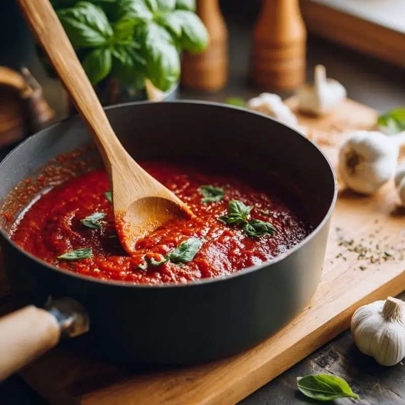homemade tomato sauce simmering in pan with fresh basil garlic and wooden spoon
