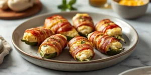 Turkey Bacon Wrapped Jalapeño Poppers with Cream Cheese Filling