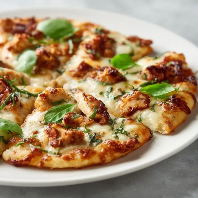 white chicken pizza with melted cheese, grilled chicken pieces, and fresh basil on crispy crust
