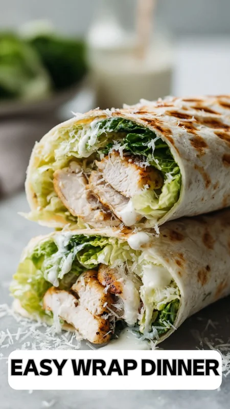 grilled chicken caesar wrap with lettuce parmesan and creamy dressing in toasted tortilla