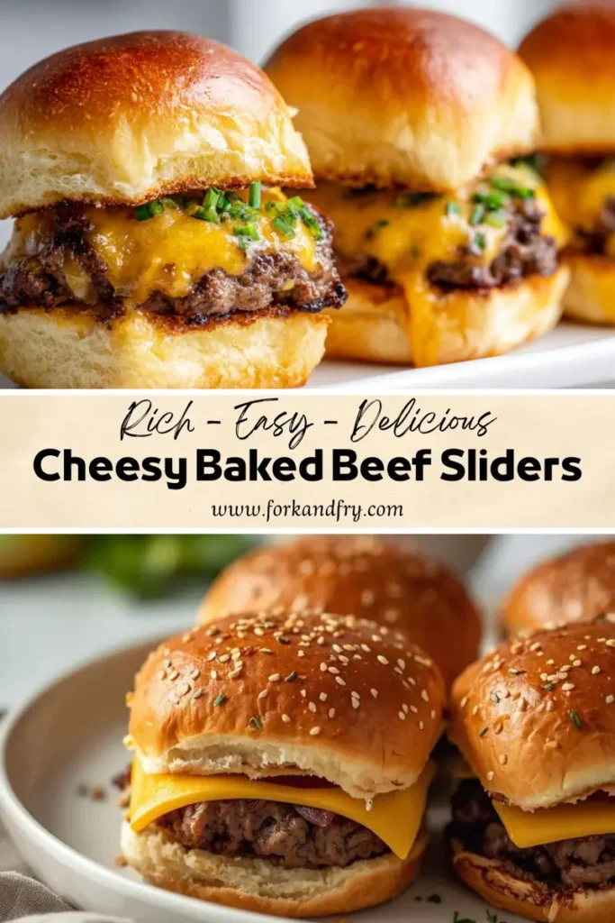 cheesy baked beef sliders with melted cheddar cheese on soft brioche buns