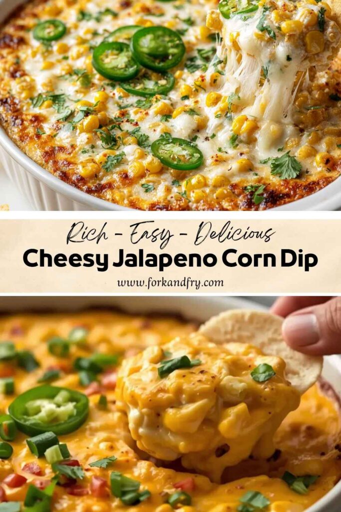 Cheesy Jalapeno Corn Dip Recipe Cheesy jalapeno corn dip with melted cheese, fresh jalapeno slices, and corn served hot in a baking dish