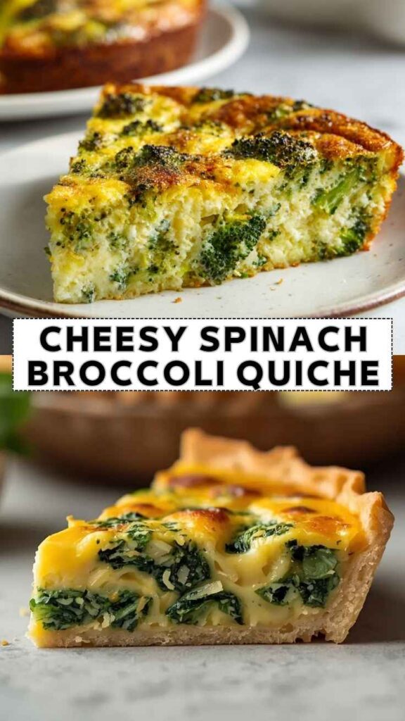 Cheesy spinach broccoli quiche slice with fluffy egg filling and golden crust on a plate