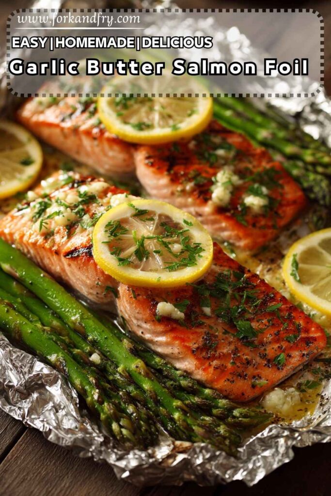 Garlic Butter Salmon Foil Recipe Garlic butter salmon baked in foil with lemon slices and asparagus