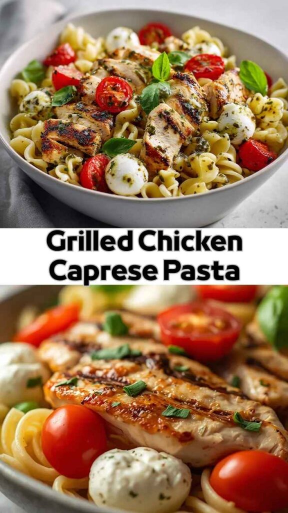 Grilled Chicken Caprese Pasta Recipe Grilled chicken caprese pasta with cherry tomatoes, mozzarella balls, and basil over spiral pasta