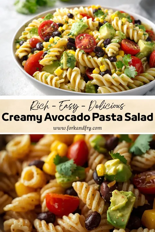 Creamy Avocado Pasta Salad – Easy Fresh Summer Recipe Creamy avocado pasta salad with rotini, cherry tomatoes, black beans, corn, and fresh cilantro in a white bowl