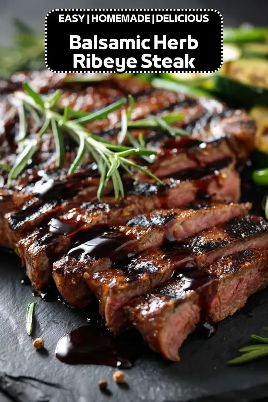 balsamic herb ribeye steak sliced with glaze and rosemary on plate