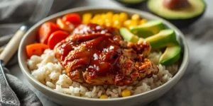 BBQ Chicken Bowl with Rice and Fresh Vegetables