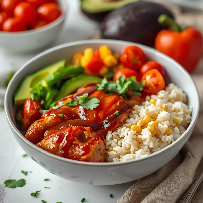 BBQ Chicken Bowl with Rice and Fresh Vegetables