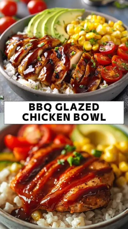 bbq glazed chicken bowl with rice, avocado, corn, and cherry tomatoes