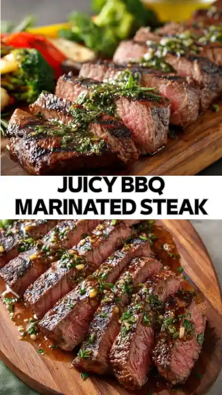juicy bbq marinated steak slices with garlic herbs and sauce on wooden board