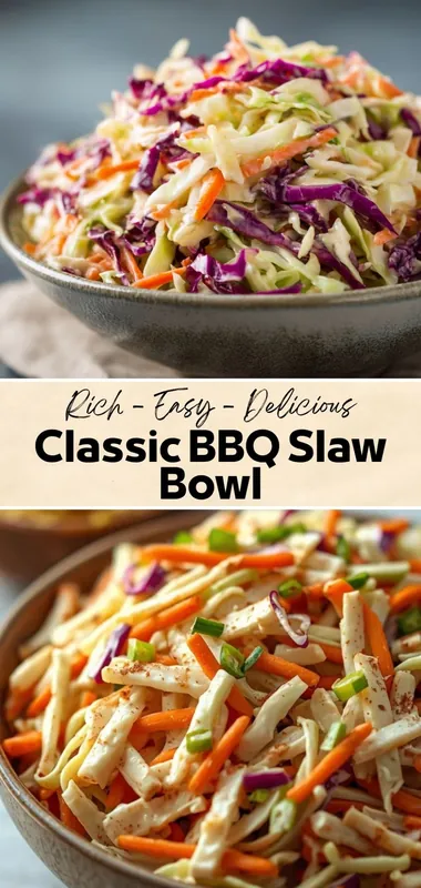 Classic BBQ Slaw Bowl – Creamy Crunchy Side Dish Classic BBQ slaw bowl with shredded cabbage, carrots, and creamy dressing topped with green onions and spices