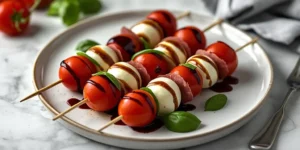 Caprese Skewers with Salami and Balsamic Reduction