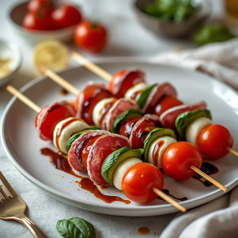 Caprese Skewers with Salami and Balsamic Reduction