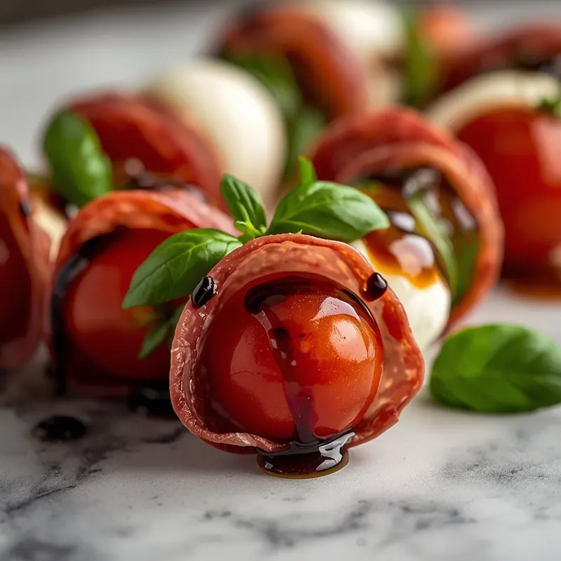 Caprese Skewers with Salami and Balsamic Reduction