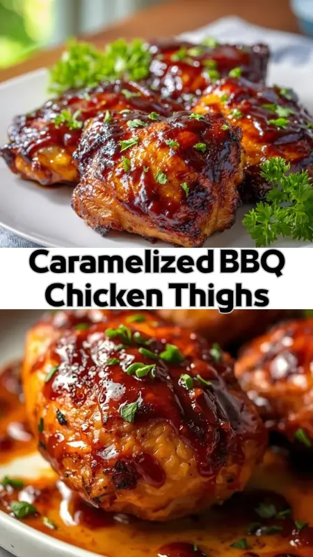 Caramelized BBQ chicken thighs glazed with sauce, garnished with parsley and served on a white plate