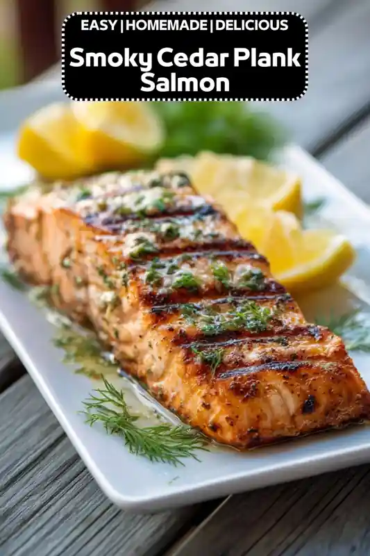 grilled cedar plank salmon with lemon slices and herbs on white plate