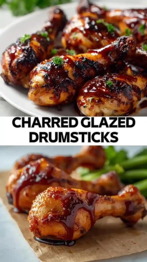 charred glazed chicken drumsticks coated in sticky barbecue sauce on plate with fresh herbs