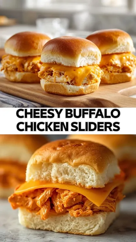Cheesy Buffalo Chicken Sliders – Spicy & Easy Party Recipe cheesy buffalo chicken sliders with shredded chicken and melted cheese on soft buns