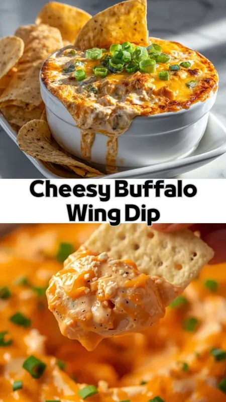 Cheesy buffalo wing dip topped with melted cheese and green onions served with tortilla chips