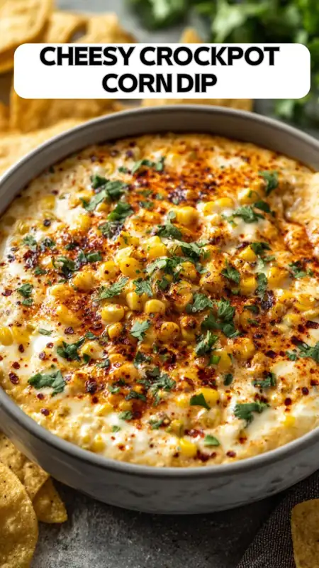 Cheesy Crockpot Corn Dip – Easy Slow Cooker Party Appetizer cheesy crockpot corn dip with melted cheese and herbs served warm with tortilla chips