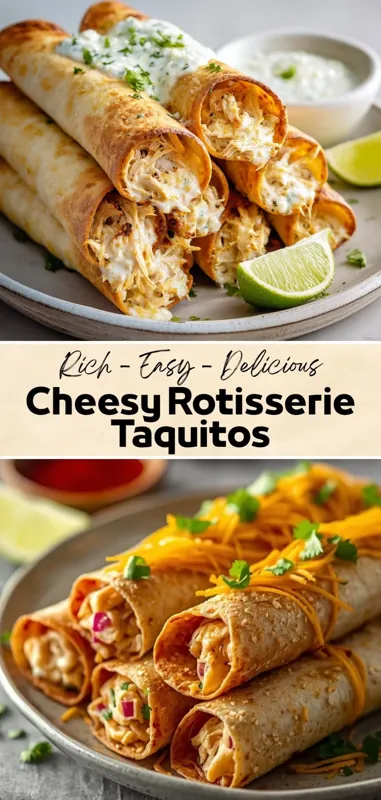 Cheesy Rotisserie Chicken Taquitos – Easy Crispy Snack Recipe cheesy rotisserie chicken taquitos with creamy filling served with lime and dipping sauce