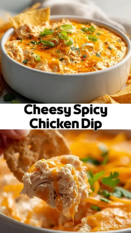 Cheesy Spicy Chicken Dip – Creamy, Bold & Crowd-Pleasing Cheesy spicy chicken dip topped with melted cheddar, green onions, and herbs served with tortilla chips