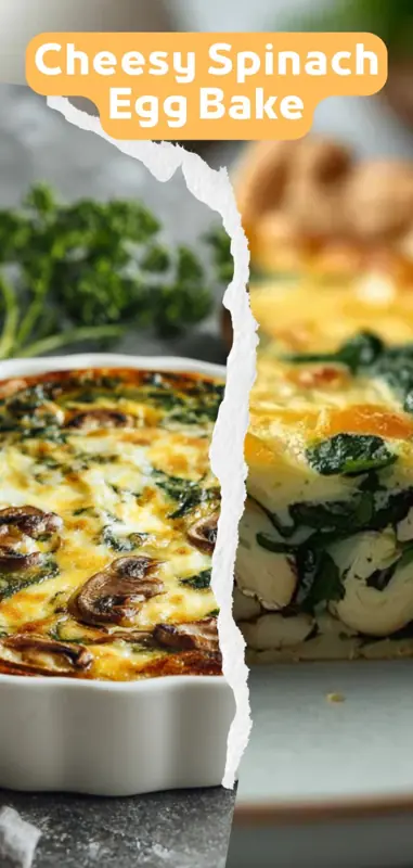 cheesy spinach egg bake with mushrooms and fluffy baked eggs in a casserole dish