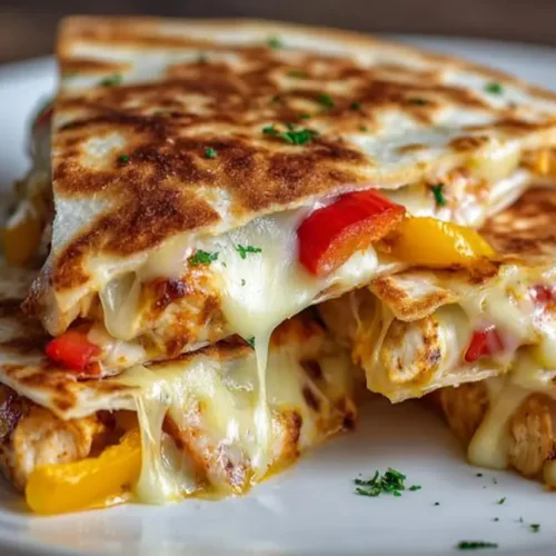 grilled chicken cheese quesadilla with melted cheese and bell peppers on crispy tortilla